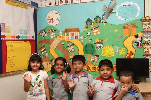 students at CHIREC Jubilee hills campus posing for a photo in Colorful Classroom