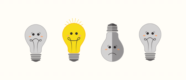 Four lightbulbs, with three appearing dim and unhappy while one shines brightly with happiness